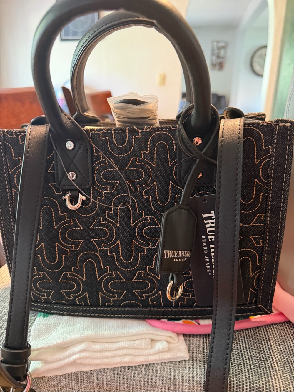 True Religion Black denim Tote with Contrast Stitch Pattern - Picture 2 of 12